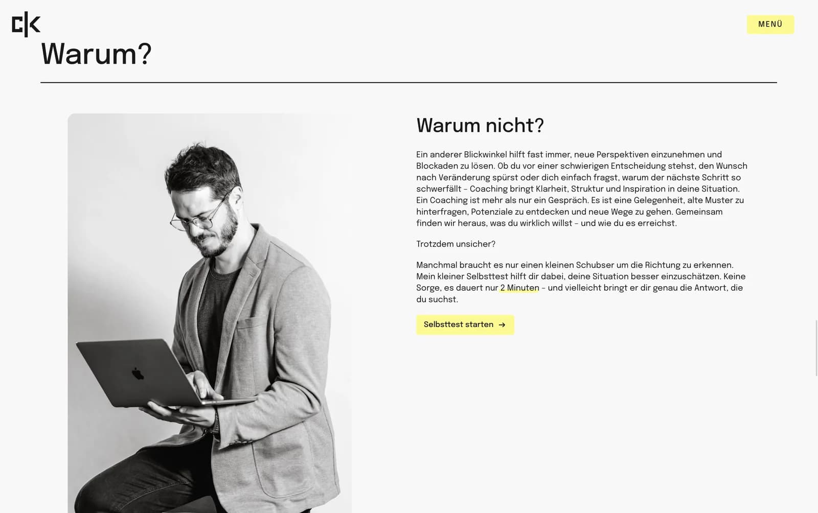 Abschnitt „Warum?“ mit Foto und dem Text zur Frage, warum Coaching