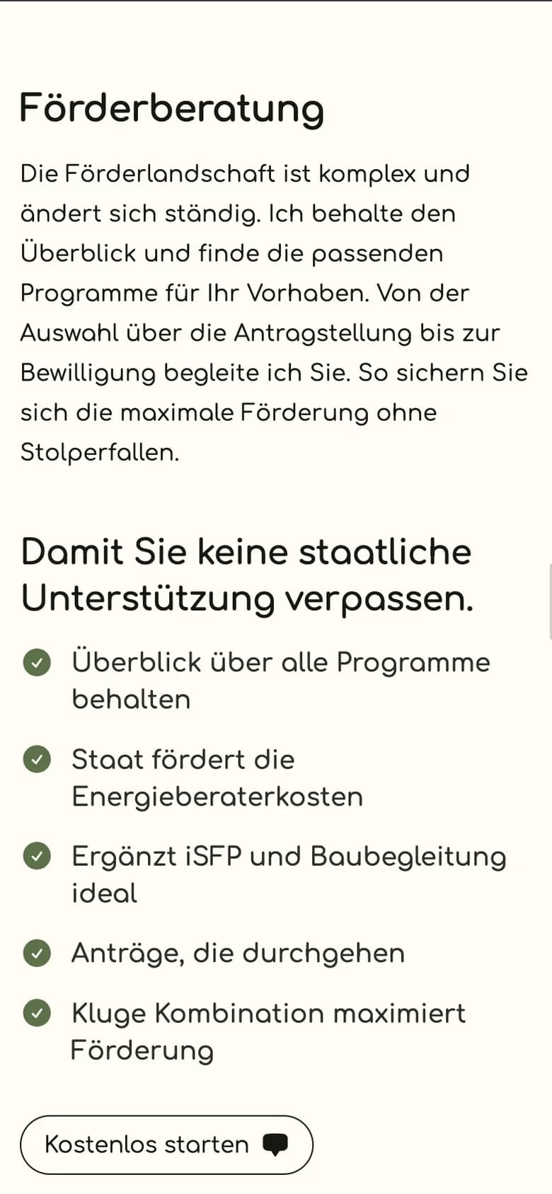 Die Seite zur Förderberatung auf dem Handy