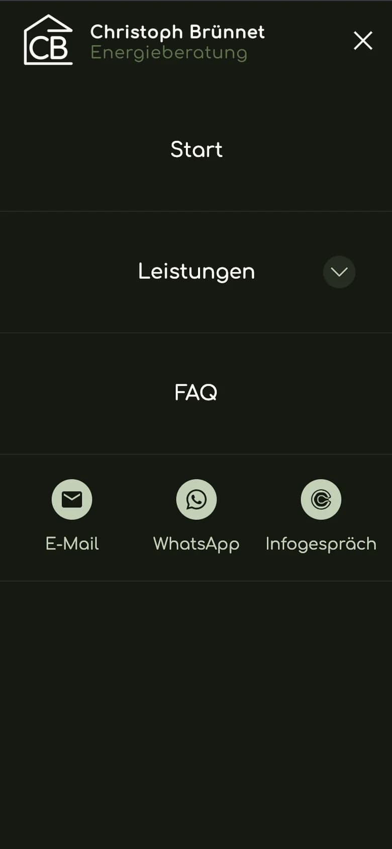Das dunkle Menü mit Kontakt per E-Mail, WhatsApp und Infogespräch