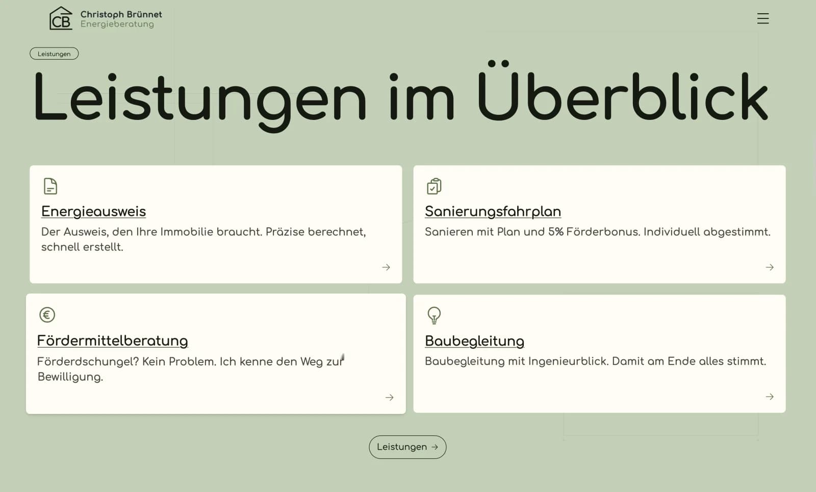Die Leistungen im Überblick: Energieausweis, Sanierungsfahrplan, Fördermittelberatung, Baubegleitung