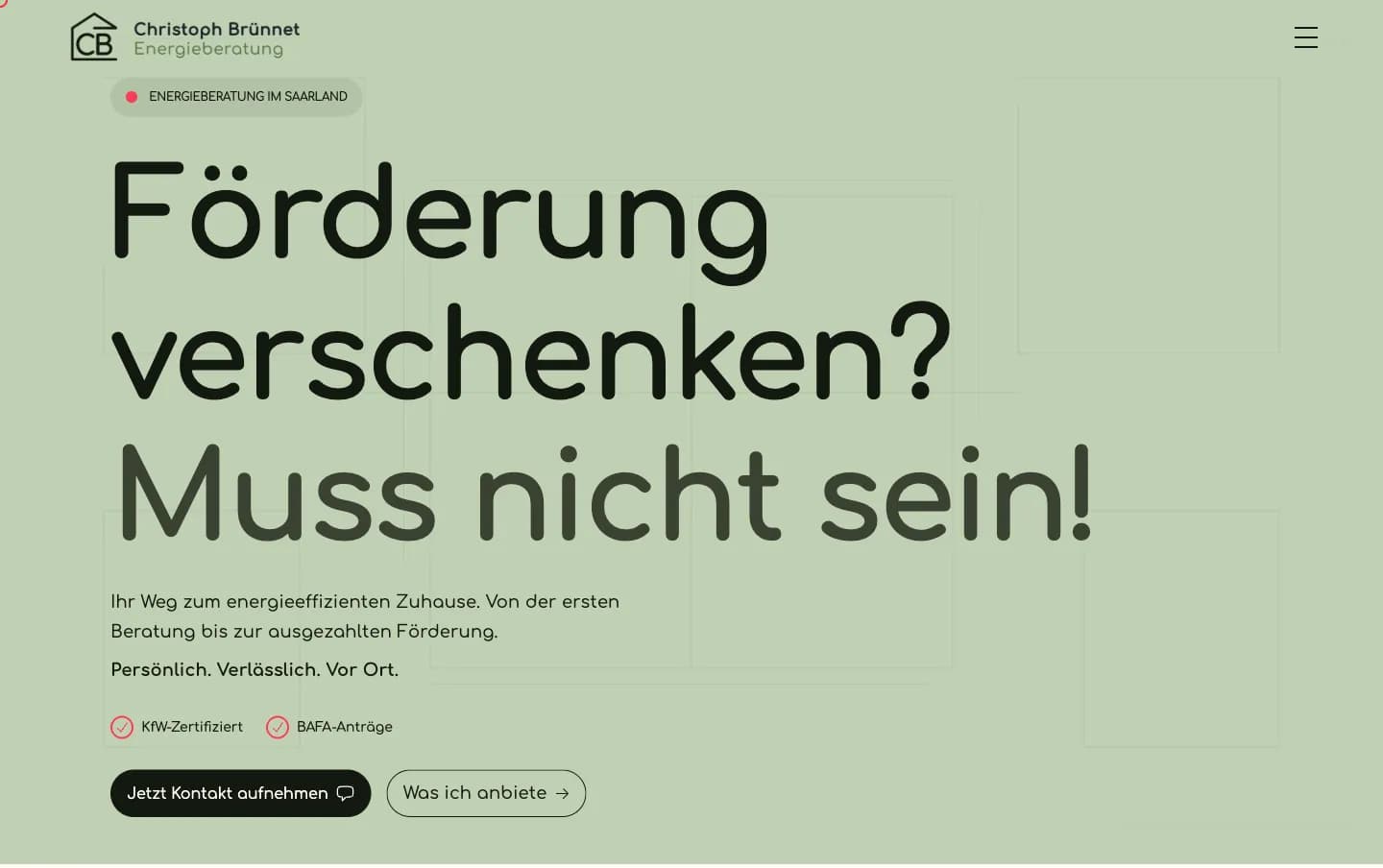 Startseite von energieberatung.saarland: „Förderung verschenken? Muss nicht sein!“ auf grünem Grund